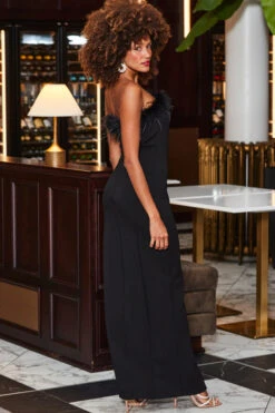 Black Split Detail Feather Trim Jersey Maxi Dress -Opal & Oak Store web 2310 06 a23dj034bk0001 06 127