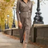 Taupe Leather Look Plisse Shirt Dress With Belt