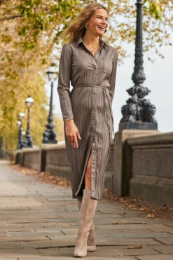 Taupe Leather Look Plisse Shirt Dress With Belt