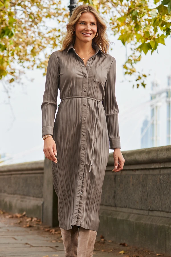 Taupe Leather Look Plisse Shirt Dress With Belt 4 Taupe Leather Look Plisse Shirt Dress With Belt - Image 4