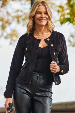 Black Velvet Round Neck Pocket Front Jacket -Opal & Oak Store web 2310 17 a23od003bk0001 s22bp003bk0001 17 057