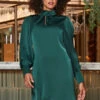 Emerald Green Satin Twist Neck Detail Shift Dress