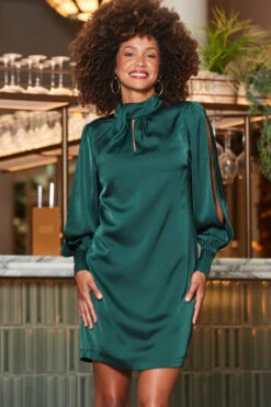 Emerald Green Satin Twist Neck Detail Shift Dress 13 Emerald Green Satin Twist Neck Detail Shift Dress -Opal & Oak Store web 2310 18 a23dw090gn0032 a23ol008bk0001 18 078