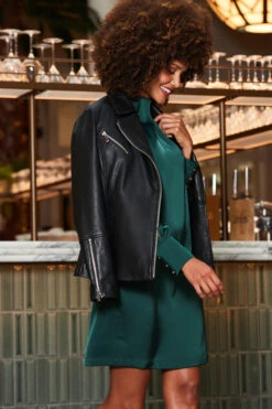 Black Leather Longline Biker Jacket -Opal & Oak Store web 2310 18 a23dw090gn0032 a23ol008bk0001 18 201 1