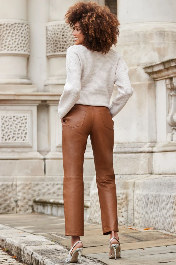 Tan Leather Straight Leg Trousers 3 Tan Leather Straight Leg Trousers - Image 3