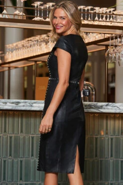 Black Leather Stud Detail V Neck Pencil Dress -Opal & Oak Store web 2310 20 a23dl003bk0001 20 165
