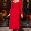 Red Sweetheart Neckline Fit & Flare Midi Dress