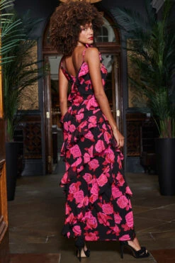 Black & Pink Floral Print Ruffle Detail Maxi Dress -Opal & Oak Store web 2310 25 a23dw128bkfl01 25 149