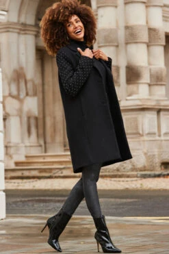 Black Stud Sleeve Detail Formal Coat -Opal & Oak Store web 2310 26 a23ow022bk0001 a23bd013mc0011 26 112 rt