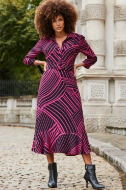 Pink & Black Geometric Print Belted Midi Dress -Opal & Oak Store web 2310 30 a23dw039pkge01 30 003
