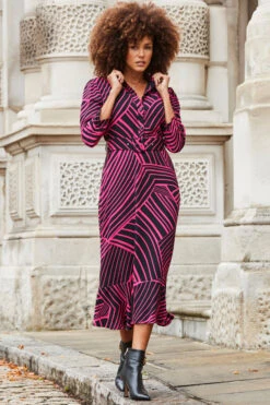 Pink & Black Geometric Print Belted Midi Dress -Opal & Oak Store web 2310 30 a23dw039pkge01 30 100