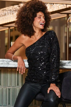 Black Sequin Asymmetrical One Shoulder Top