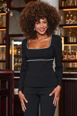 Black Diamante Trim Square Neck Top -Opal & Oak Store web 2310 34 a23tj001bk0001 s23bj001bk0001 34 107