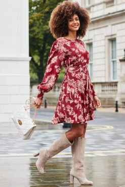 Burgundy & Ecru Floral Print Belted Fit & Flare Dress