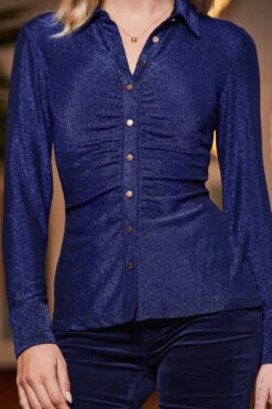Midnight Blue Metallic Jersey Ruched Detail Shirt -Opal & Oak Store web 2310 43 a23tj059be0027 a22bd009be0028 43 104 rt
