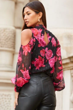 Black & Pink Floral Print Cold Shoulder Blouse -Opal & Oak Store web 2310 43 a23tw100bkfl01 s22bp003bk0001 43 136