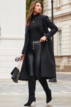 Black Double Breasted Longline Wool Coat -Opal & Oak Store web 2310 45 a23ow026bk0001 a23bp013bk0001 45 051