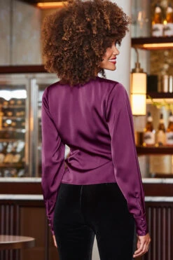 Purple Satin Wrap Front Top -Opal & Oak Store web 2310 45 a23tw041pe0001 a23bv010bk0001 45 139 rt