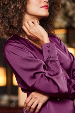 Purple Satin Wrap Front Top -Opal & Oak Store web 2310 45 a23tw041pe0001 a23bv010bk0001 45 184 rt