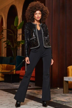 Black Premium Sequin Contrast Trim Jacket -Opal & Oak Store web 2310 49 s23ow073bk0001 23bj001bk0001 a23bj002bk0001 49 021