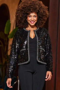 Black Premium Sequin Contrast Trim Jacket -Opal & Oak Store web 2310 49 s23ow073bk0001 23bj001bk0001 a23bj002bk0001 49 058