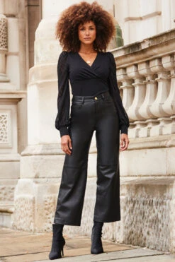 Black Leather Straight Leg Cropped Trousers -Opal & Oak Store web 2310 51 a23bl003bk0001 s23tj176bk0001 51 072 rt