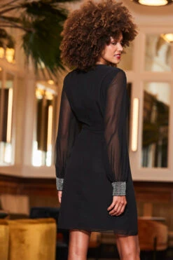 Black Embellished Trim Sheer Sleeve Shift Dress -Opal & Oak Store web 2310 53 a23dw013bk0001 53 102