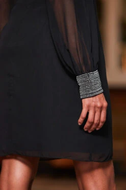 Black Embellished Trim Sheer Sleeve Shift Dress -Opal & Oak Store web 2310 53 a23dw013bk0001 53 107