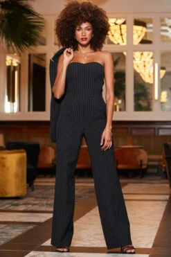 Black & White Pinstripe Wide Leg Bandeau Jumpsuit -Opal & Oak Store web 2310 54 a23jw005bk0001 54 002