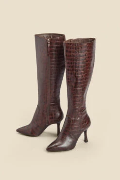 Chocolate Brown Croc Leather Knee High Boot -Opal & Oak Store web 2310 box a23fw019pt0004 c