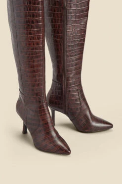 Chocolate Brown Croc Leather Knee High Boot -Opal & Oak Store web 2310 box a23fw019pt0004 d