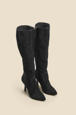 Black Suede Flared Heel Knee High Boots -Opal & Oak Store web 2310 box a23fw020bk0001 b