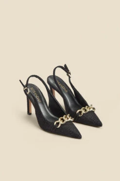 Ariana Black Boucle Chain Detail Slingback Court Shoe