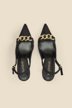 Ariana Black Boucle Chain Detail Slingback Court Shoe -Opal & Oak Store web 2310 box a23fw057bk0001 c