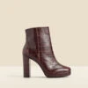 Chocolate Croc Leather Block Heel Platform Ankle Boot