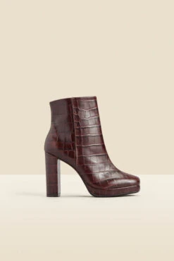 Chocolate Croc Leather Block Heel Platform Ankle Boot