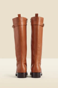 Tan Leather Flat Knee High Boot With Metal Trim -Opal & Oak Store web 2311 box a23fw025bn0004 c