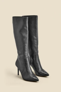 Black Leather Stiletto Heel Knee High Boots -Opal & Oak Store web 2311 box a23fw027bk0001 b
