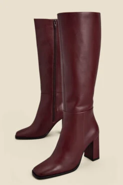 Burgundy Leather Square Toe Block Heel Knee High Boot -Opal & Oak Store web 2311 box a23fw029rd0011 c rt