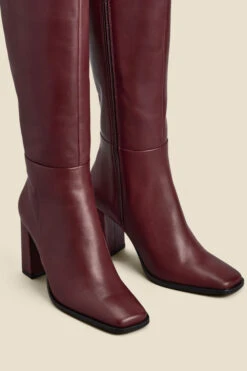 Burgundy Leather Square Toe Block Heel Knee High Boot -Opal & Oak Store web 2311 box a23fw029rd0011 d rt