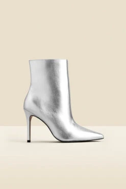 Silver Leather Pointed Toe Ankle Boot