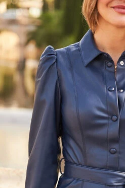 Navy Blue Faux Leather Belted Shirt Dress -Opal & Oak Store web 24 a22dp001pt0009 152