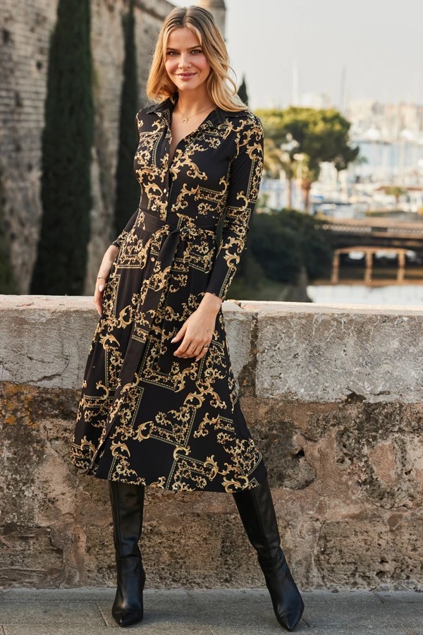 Black & Gold Baroque Print Midi Shirt Jersey Dress 2 Black & Gold Baroque Print Midi Shirt Jersey Dress - Image 2