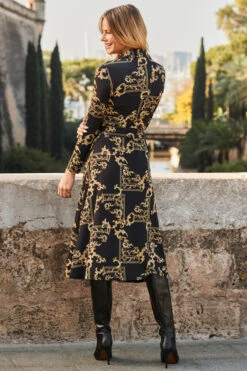 Black & Gold Baroque Print Midi Shirt Jersey Dress 8 Black & Gold Baroque Print Midi Shirt Jersey Dress -Opal & Oak Store web 24 s23dj009bkcv01 a22ow019bk0001 287