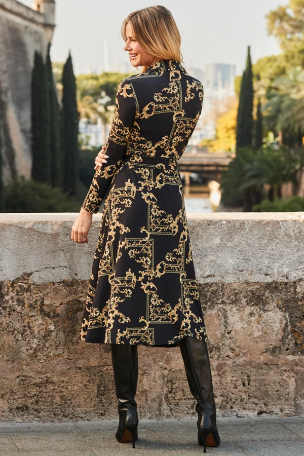 Black & Gold Baroque Print Midi Shirt Jersey Dress 3 Black & Gold Baroque Print Midi Shirt Jersey Dress - Image 3