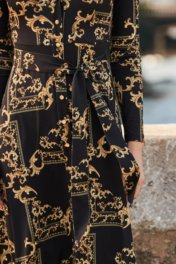 Black & Gold Baroque Print Midi Shirt Jersey Dress 4 Black & Gold Baroque Print Midi Shirt Jersey Dress - Image 4