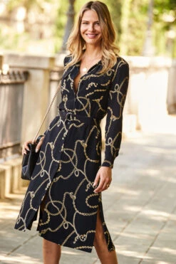Black & Gold Chain Print Belted Shirt Dress
