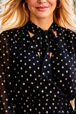 Black & Gold Metallic Spot Print Tie Neck Dress -Opal & Oak Store web 28 s23dw002bksp01 110