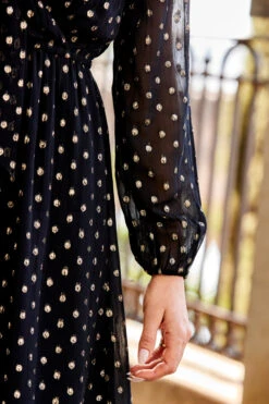 Black & Gold Metallic Spot Print Tie Neck Dress -Opal & Oak Store web 28 s23dw002bksp01 179