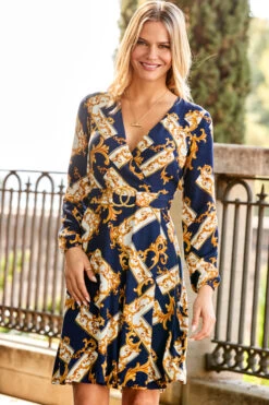 Navy Blue & Gold Baroque Print Belted Fit & Flare Dress 10 Navy Blue & Gold Baroque Print Belted Fit & Flare Dress -Opal & Oak Store web 29 a22dw075becv01 156